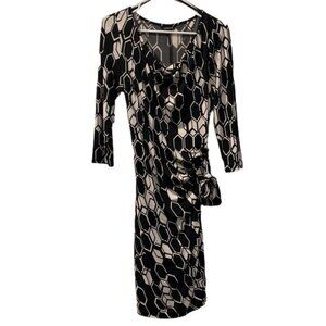 Glamour Black Tan Tie Dress 3/4 Sleeve Size 12/14 EUC #0021